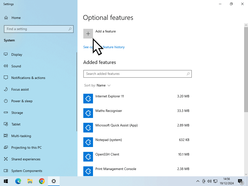 Add a feature - Windows 10 Add a feautre button is marked to install Fax and Scan on Windows 10.