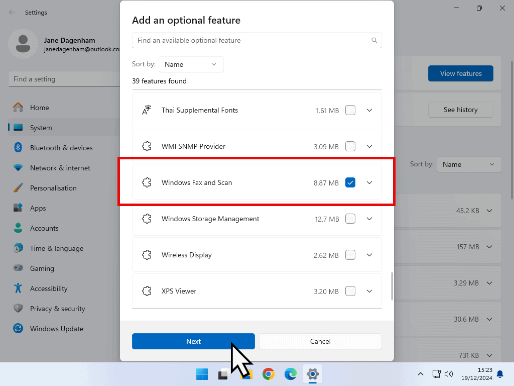Add an optional feature - Windows 11 Windows Fax and Scan selected and Next button indicated.