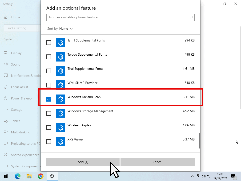 Install Windows Fax and Scan - Windows 10 Windows Fax and Scan selected from features list. The Add button is also marked.
