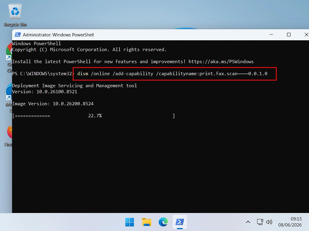Installing Fax and scan using Powershell Powershell command entered and download progress bar.