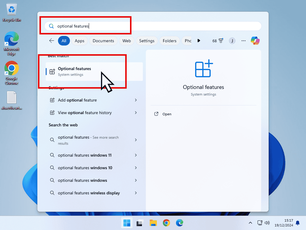 Installing fax and scan - Windows 11 Searching for Optional Features in Windows 11 to install Fax and Scan.