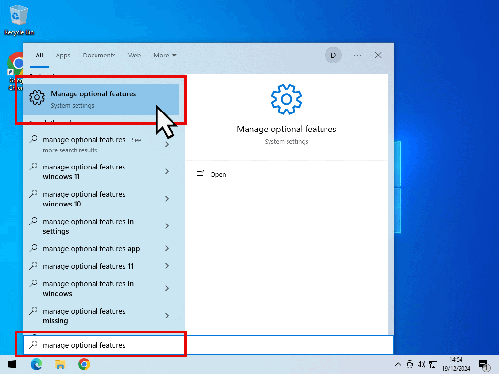 Optional features Windows 10 Searching Windows 10 for Manage Optional Features.