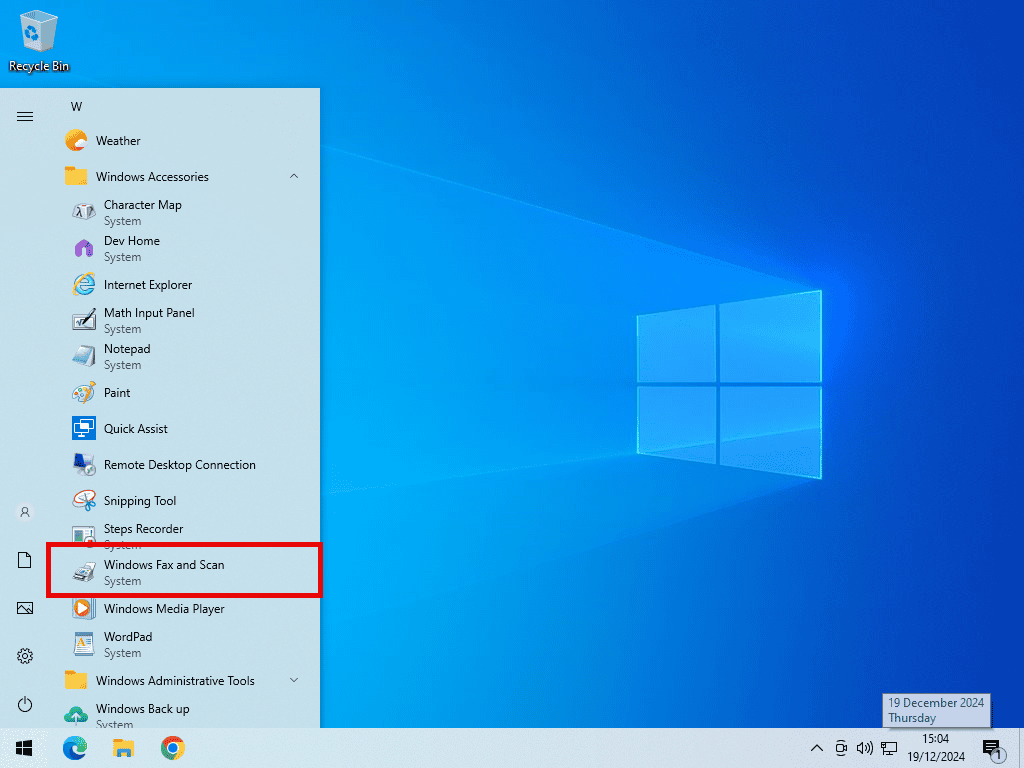 Windows Fax and Scan - Windows 10 Windows Fax and Scan indicated on Windows 10 Start menu.