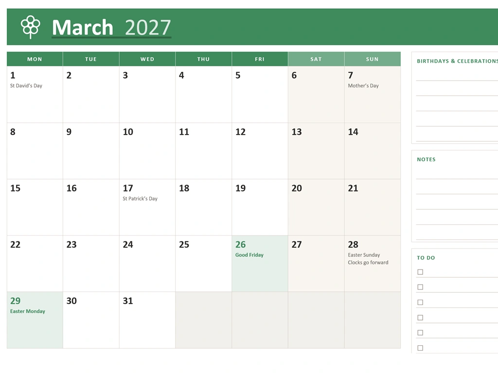 Editable printable calendar 2027 showing the March page with bank holidays shaded and a birthdays, notes and to-do panel