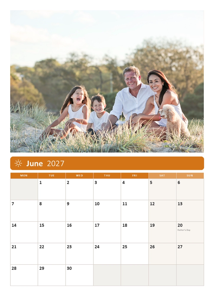 Homemade photo calendar for 2027 showing a month page with a photo above the calendar grid